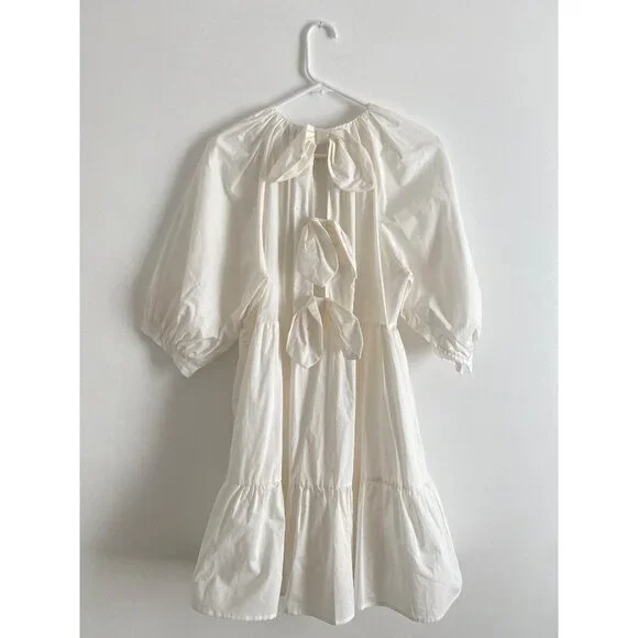 NWT Beulah Style White Tiered Puff Sleeve Dress With Cutout Bow Detail Size M - Picture 2 of 7